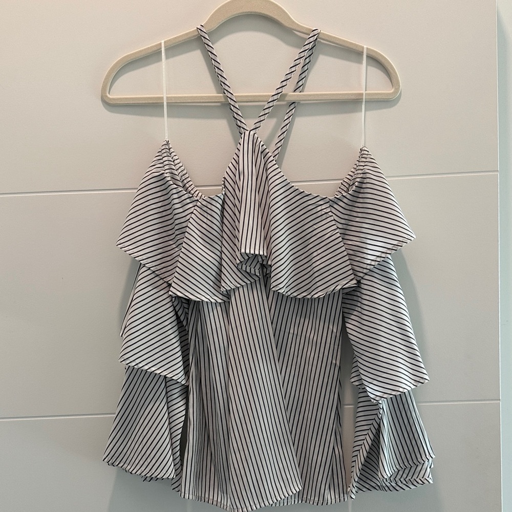 Express Black and White Striped Ruffle Blouse